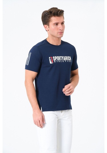 Erkek Bisiklet Yaka Basic Baskılı T-şhirt Lacivert
