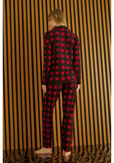 Pijamoni Kadın Süet Önden Düğmeli Likralı Pijama Takımı 3k - 1 Adet Kırmızı