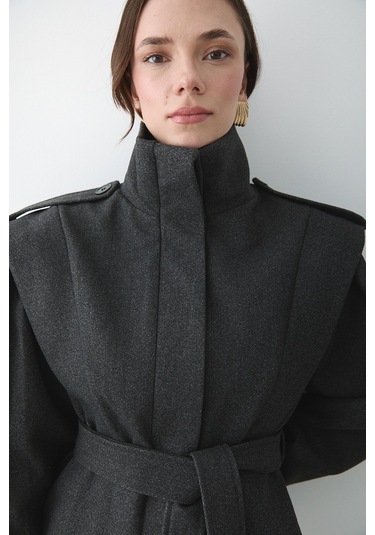 Antrasit Apoletli Vatkalı Kaşe Kaban - 1005 Antrasit