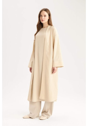 DeFacto Relax Fit Şal Yaka Krinkıl Kumaş Uzun Kimono E1816AX25SPBG757 Bej