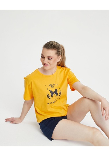 Bella Dossi Pamuklu Kısa Kollu Baskılı Kadın Şortlu Yazlık Pijama Takımı Sarı-lacivert Lacivert - Sarı