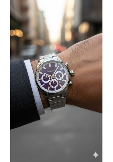 Ferrucci Erkek Kol Saati Gümüş Renk, Mor Kadran - Fc03632m.03, 2 Yıl Garantili Gümüş