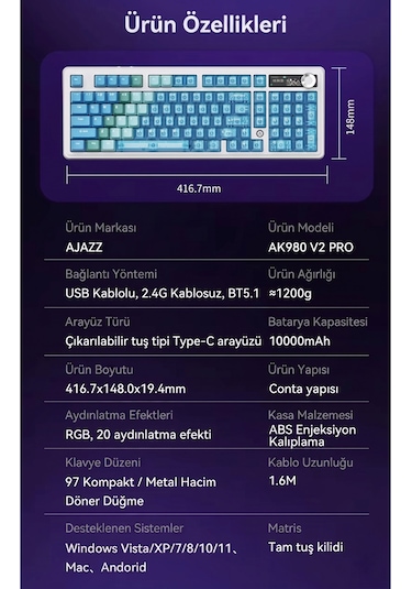 Ak980v2 Pro 8000 Hz Kablosuz Mekanik Oyun Klavyesi-tft Ekranlı-rapid Trigger
