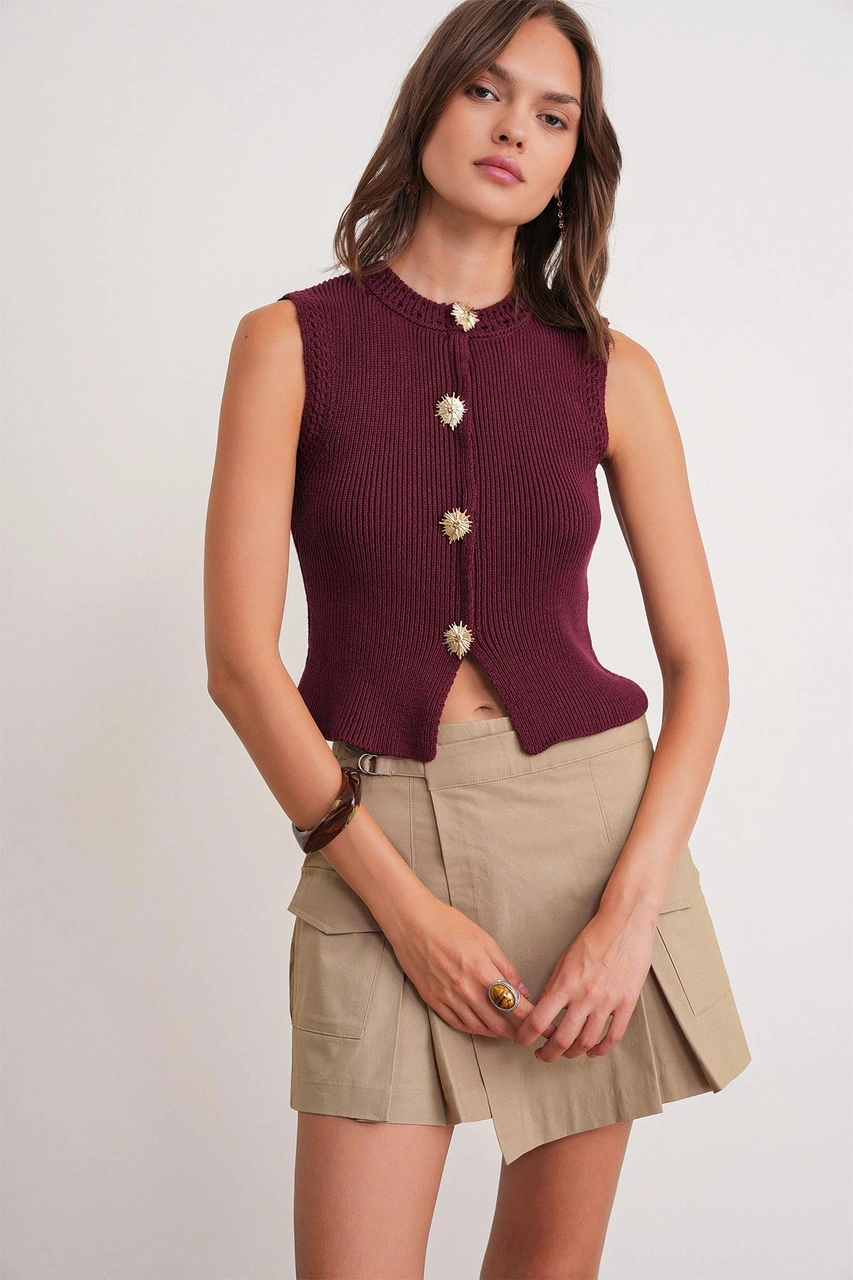 6962 Kadın Gold Düğmeli Triko Yelek Bordo Bordo