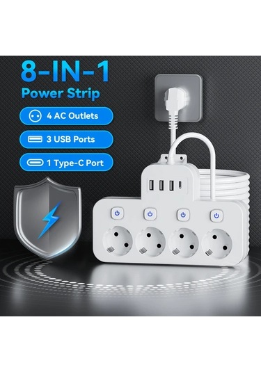 Xuweiwei Beyaz 8i 1 Arada Standart Eu Priz 4 Usb Portu Usb C Portlu Bagimsiz Anahtarlı 15m Uzatma Kablosu Ev Ofis İcin