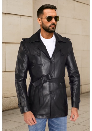 Derije Valdes Hakiki Deri Erkek Siyah Kuşaklı Trençkot Siyah