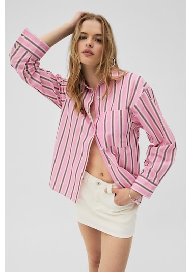Grimelange Grımelange Mırel Kadın Oversize Fit %100 Organik Pamuklu Pembe Çizgili Gömlek