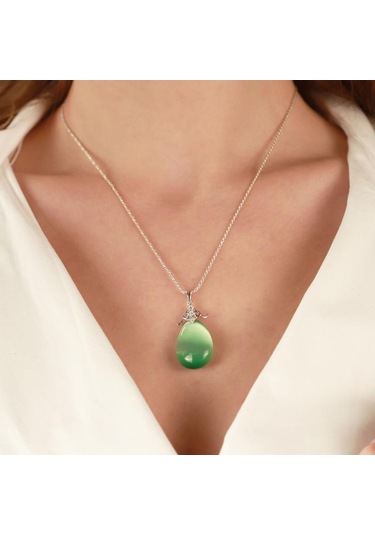 Kedi Gözü Taşlı Damla Model Gümüş Set Gümüş