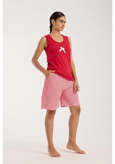 Giyim Kadın Kırmızı Kurdele Detaylı Çizgili Şortlu Pijama Takımı Kırmızı