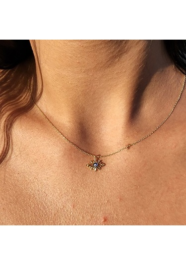 Tasarım Kirpik Nazar Boncuğu Lacivert Mineli Tasarım Stil Modern 14 Ayar Altın Kolye-altın Kolye