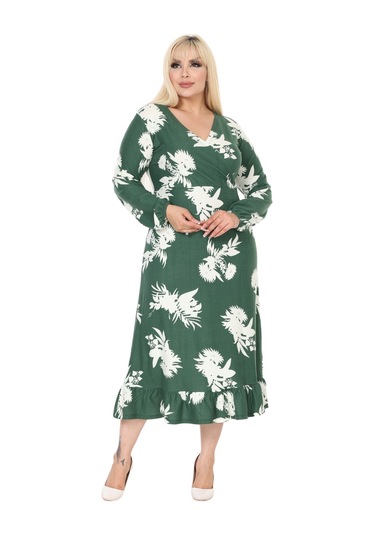 Melsay Butik Kışlık Yumoş Kumaş Kruvaze Yaka Yeşil Beyaz Yaprak Desen Eteği Fırfırlı Midi Elbise Yeşil