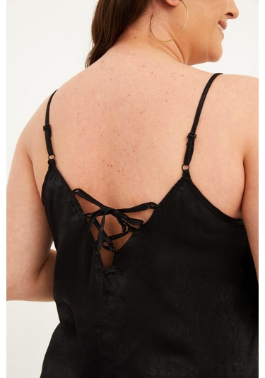 Saten Dantelli Arkası Çapraz Midi Elbise-1520 Siyah