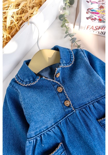 Babymod Bebe Yaka Denim Cep Detaylı Kız Bebek Kot Tulum mavi