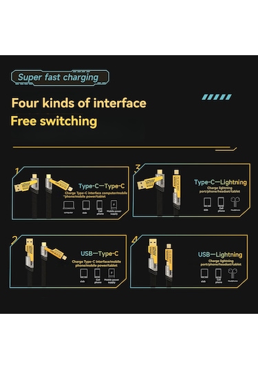 Geeksen Metal 4'ü 1 Arada Hızlı Şarj Kablosu 65w Mekanik Kablo Pd Hızlı Şarj 2'den