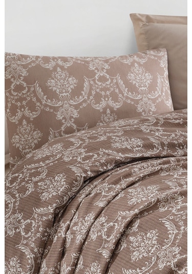 Enlora Home Baskılı Pike Takımı Çift Kişilik Pure Kahve Kahverengi