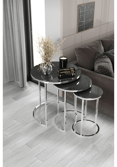 3'lü Zigon Sehpa Gümüş Ayak Füme Ayna