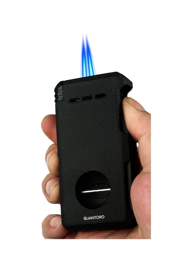 Quantoro Çift Torch Pürmüz V-cut/delicili/iğneli Mat Siyah Metal Puro Çakmağı - Trz1086