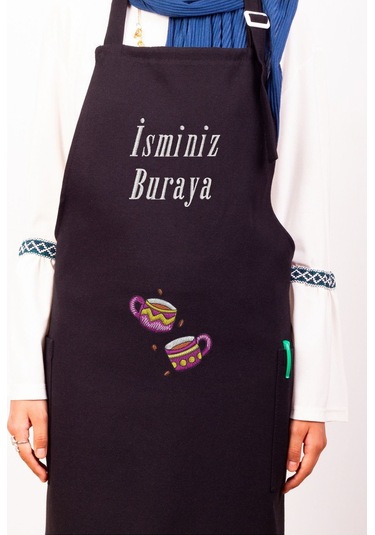 Mutfak Önlüğü Kişiye Ve İsme Özel Nakışlı Mutfak Önlüğü İkili Kupa Farklı Renkler Siyah