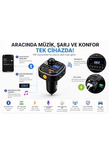 Araç İçi Bluetooth Fm Transmitter Usb-c Hızlı Şarj Çift Usb Led Ekran 12-24v 12w
