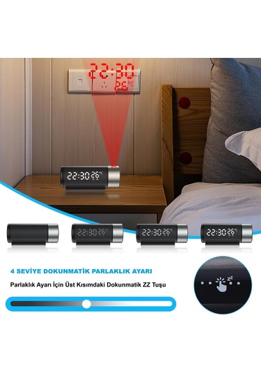Hymark Projeksiyonlu Silindir Usb Güç Led Ekran Çalar Saat Sıcaklık Çift Alarm Siyah