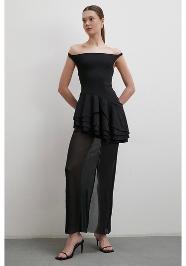 Boyun Askılı Fırfırlı Tül Elbise Siyah Siyah