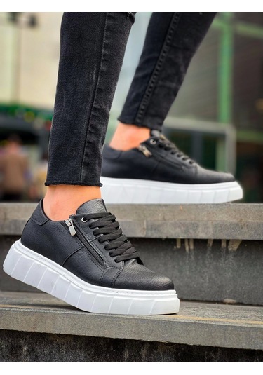 Kb-x155 Kuback Siyah Cilt Detaylı Beyaz Yüksek Taban Günlük Spor Ayakkabı Siyah1 Siyah