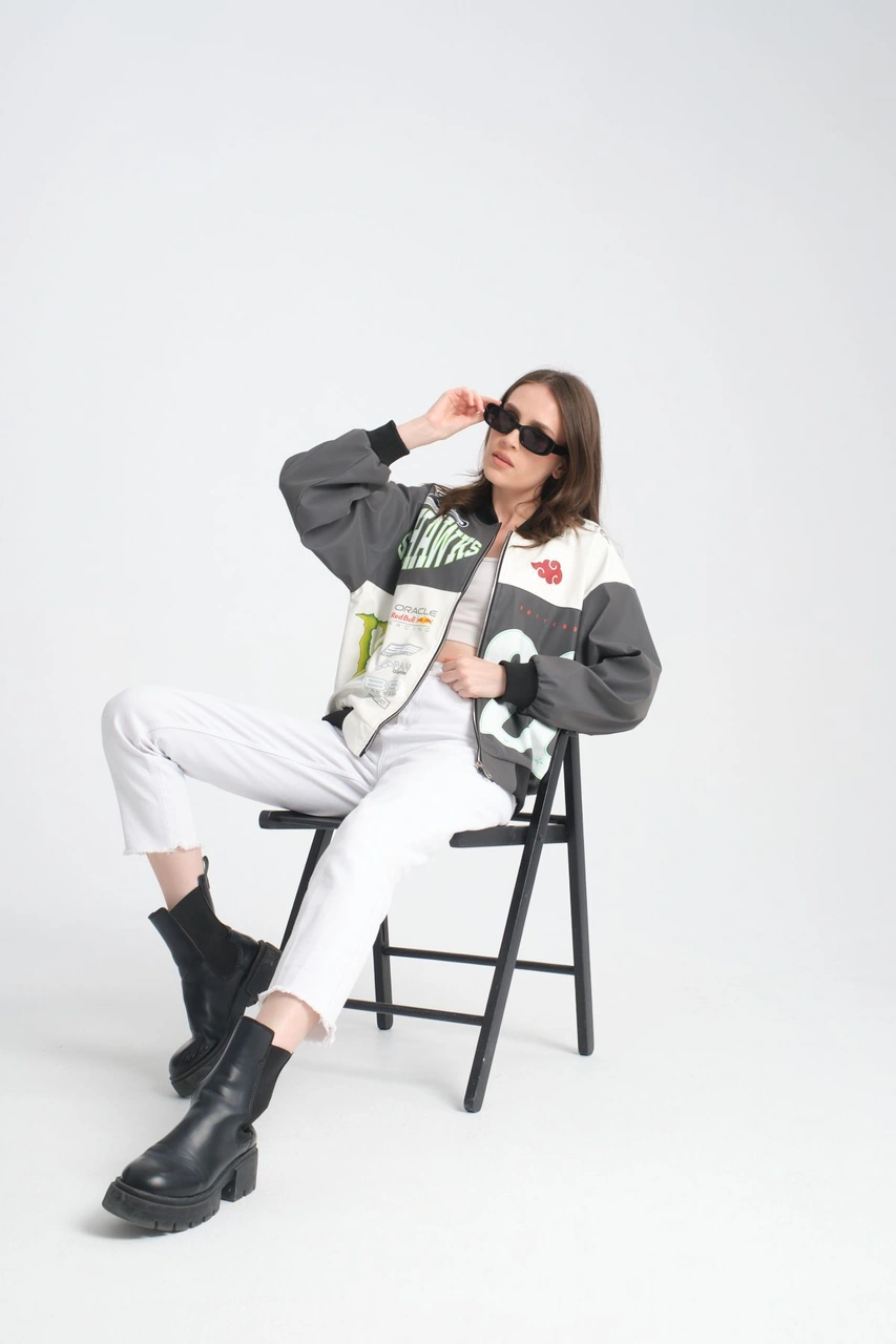 Kadın Oversize Baskılı Deri Motorcu Montu Fermuarlı Yarışçı Ceket Astarlı Bomber Kolej Mont Gri