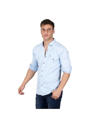 Deepsea Erkek Buz Mavisi Çıtçıtlı Kot Gömlek 2300419 Buz Mavi