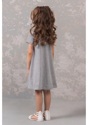 Gri Penye Desenli Kız Çocuk Elbisesi Gri