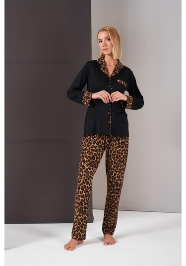 Pjs 26006 Kadın Patlı Boydan Düğmeli Leopar Desenli Uzun Kollu Pijama Takım Siyah
