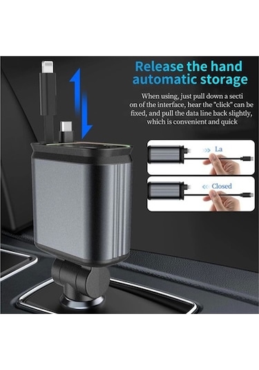 Vtn-01 4'ü 1 Arada Type-c Pd Hızlı Şarjlı 66w ,geri Çekilebilir Araç Telefonu Şarj Cihazı Siyah