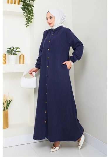 Ziyer Boydan Düğmeli Kot Elbise 1498 - Lacivert Lacivert