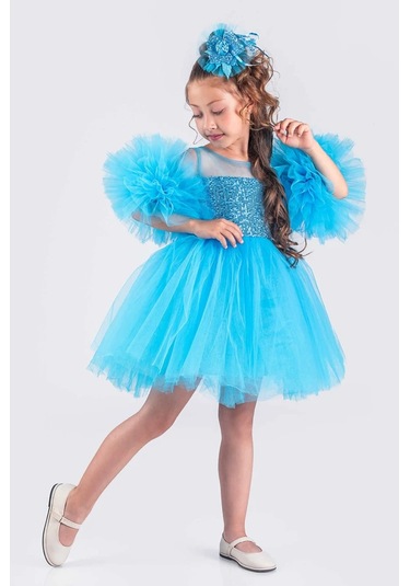 Kız Çocuk Abiye Elbise Ponpon Kol Pul Payetli Tütülü Mavi