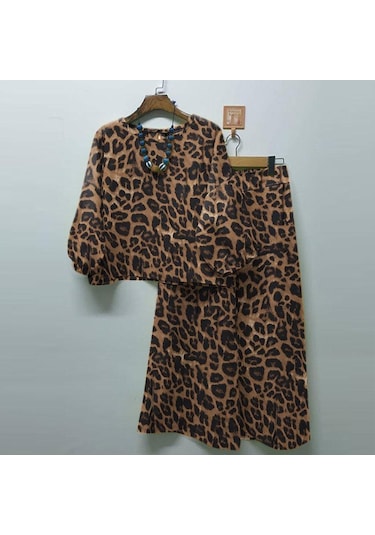 Zanzea Kadın Bluz Ve Pantolon Günlük Leopar Baskılı İki Parça Takım Elbise Kahverengi