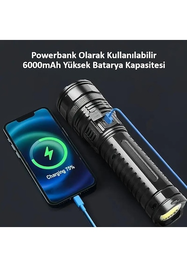 Valkyrie Ultra Güçlü Yüksek Parlaklık M80 Led Şarjlı El Feneri 6000mah Powerbank Siyah