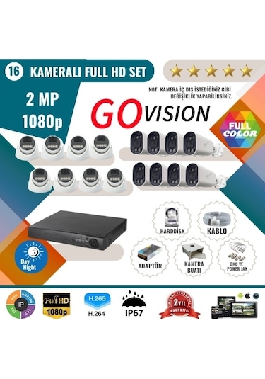 Go Vision 16'lı 2mp Ahd Güvenlik Kamera Seti Full Hd, Gece Görüşlü, Kayıt Cihazı Dahil 1 Tb