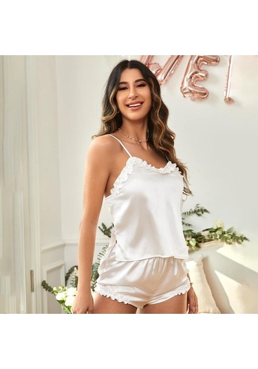Bayanlar Sıcak Dantel Seksi Askılı Şort Takımı Ev Giyim Pijama Takımı Beyaz