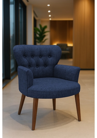 Roma Berjer - Modern Tekli Koltuk - Keten Kumaş - Lacivert