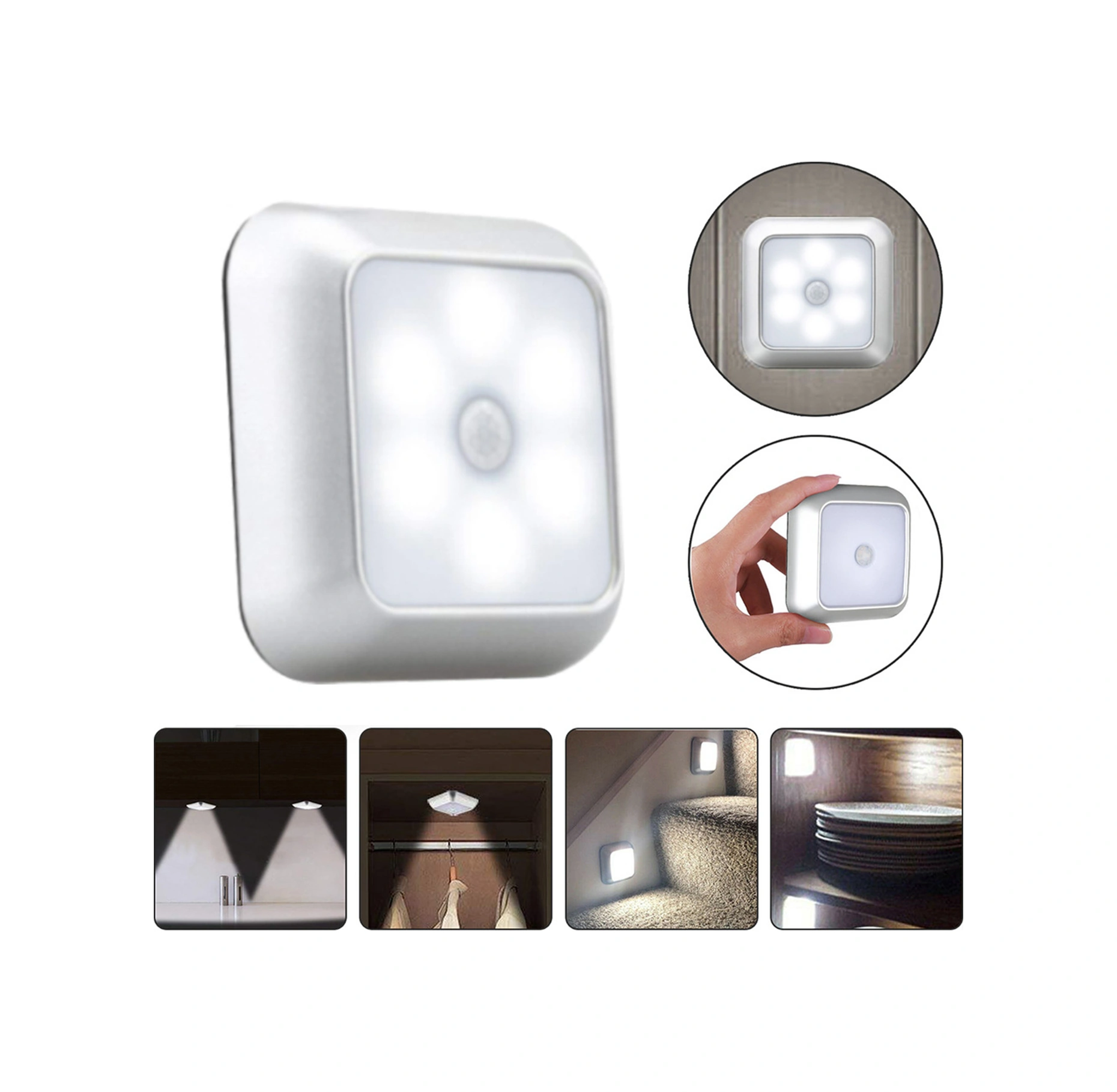 Folinda Kişi Algılama Gece Lambası - Dolap/ Koridor İçin 5m 120 Algılama - Mıknatıslı/örgülü/çelik Bant Montaj - Gümüş Kasa Beyaz Işık Gümüş