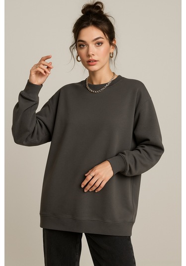Kadın Füme Bisiklet Yaka Oversize Sweatshirt Füme