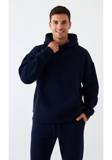 Erkek Lacivert Oversize Hoodie Sweatshirt Lacivert