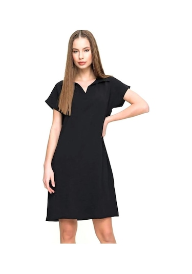 Kadın Bol Kesim Polo Yaka Kısa Kollu Günlük Kısa Midi Elbise Dizüstü 2883200 Siyah