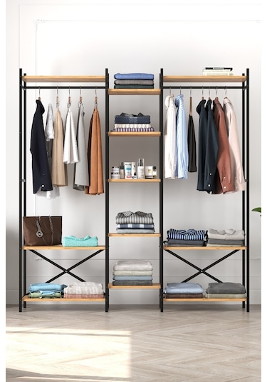 10 Raflı Metal Gardırop Metal Portmanto Açık Gardırop Elbise Dolabı Vestiyer Openix Çam