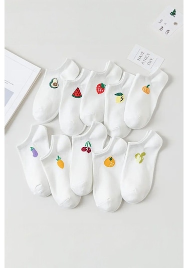 Kadın 10 Çift Premium Kalite Pamuklu Meyve Desenli Babet Çorap ASORTİ
