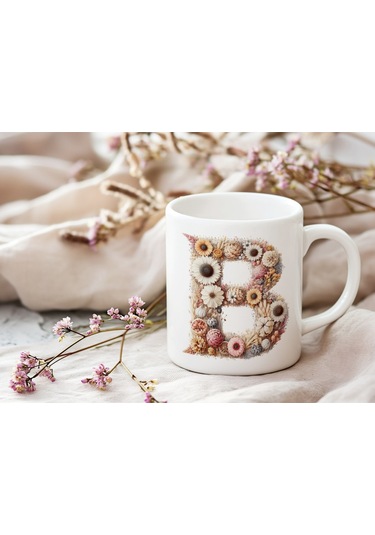 B Harfi Çiçek Desenli Kupa Bardak - Alfabe Harfleri İle Doğal Çiçekli Kupa - Hediye Fikir Beyaz