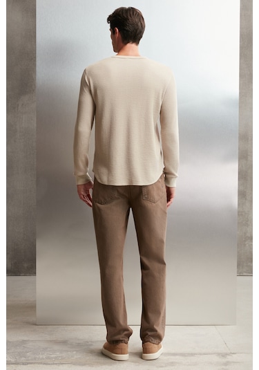 Patrick Erkekm Triko Yakalı Waffle Özel Dokulu Kalın Kumaşlı Uzun Kol Bej T-shirt