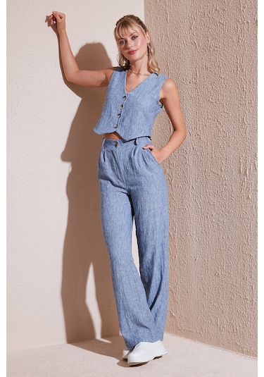 Lela Regular Fit Bol Paça Yelekli Bayan Takım 67045162S4 Indigo