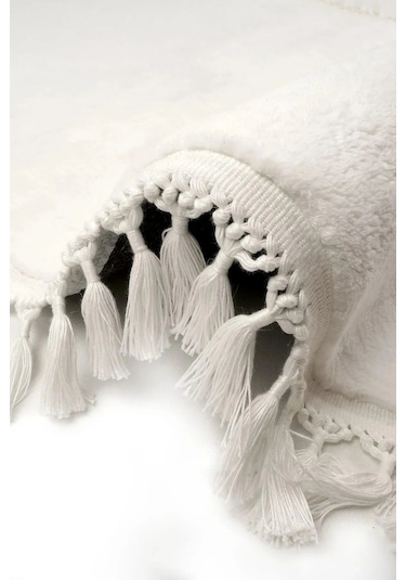 Puffy Gri Oval Örgü Saçaklı Peluş Yumuşacık Yıkanabilir Kaymaz Taban Halı Salon Oturma Odası Beyaz