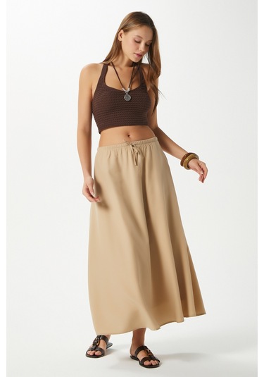 Kadın Seaside Vizon Astarlı Bel Lastikli Cepli Dokuma Uzun Etek Vizon