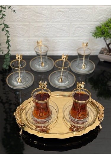 Çeyizci Çarşı 18 Parça Çay Seti Gold Kelebek Çay Kaşıklı 6 Bardak 6 Tabak 6 Kaşık Gold